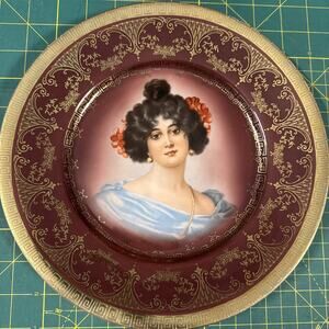 Vintage Royal Munich Porcelain Portrait Cabinet Plate Woman Red Flower Gold Gilt